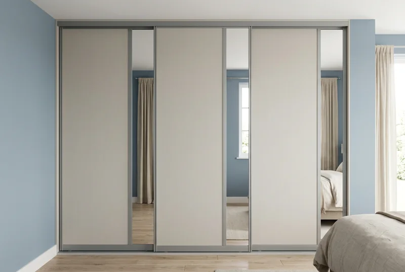 Design H — three-door wardrobe room concept, Mid Grey frame