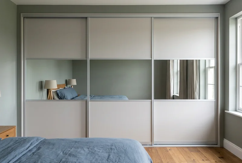 Design A — three-door wardrobe room concept, Matt Silver frame