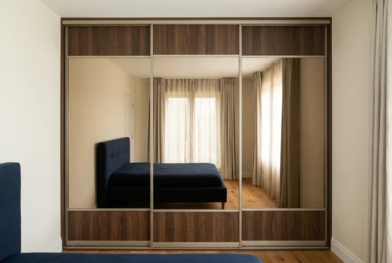 Design D — three-door wardrobe room concept, Champagne frame
