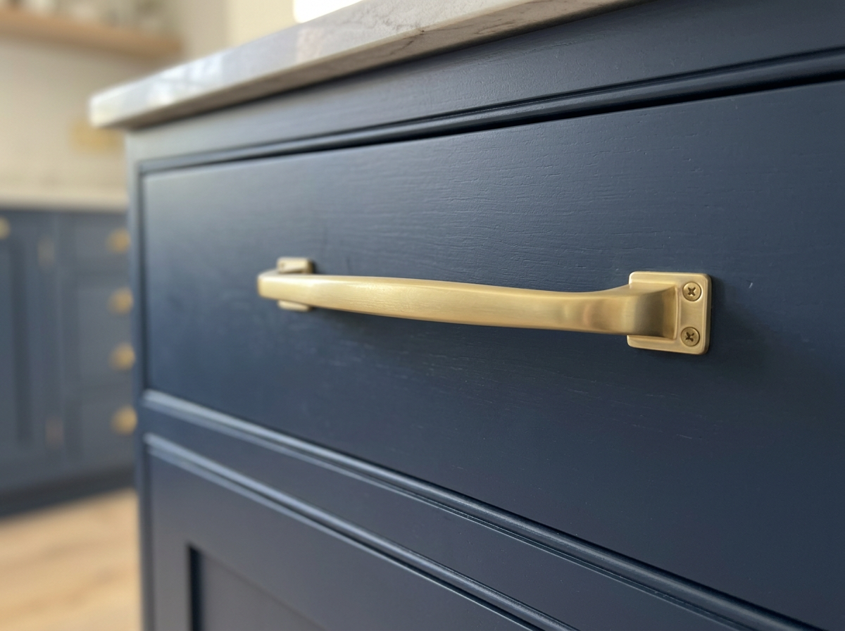 DH009 satin brass curved pull fitted to a navy shaker drawer front