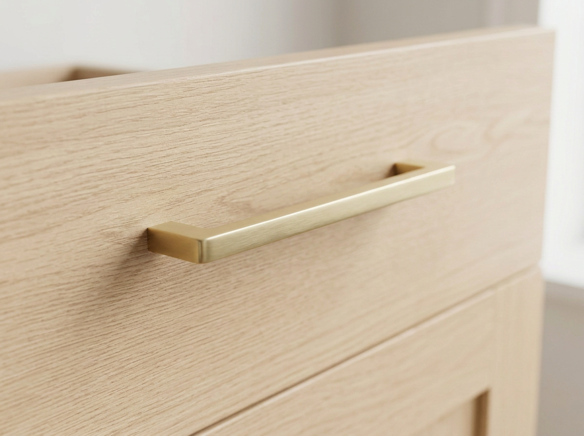 DH010 satin brass square bar handle fitted to a navy kitchen drawer front