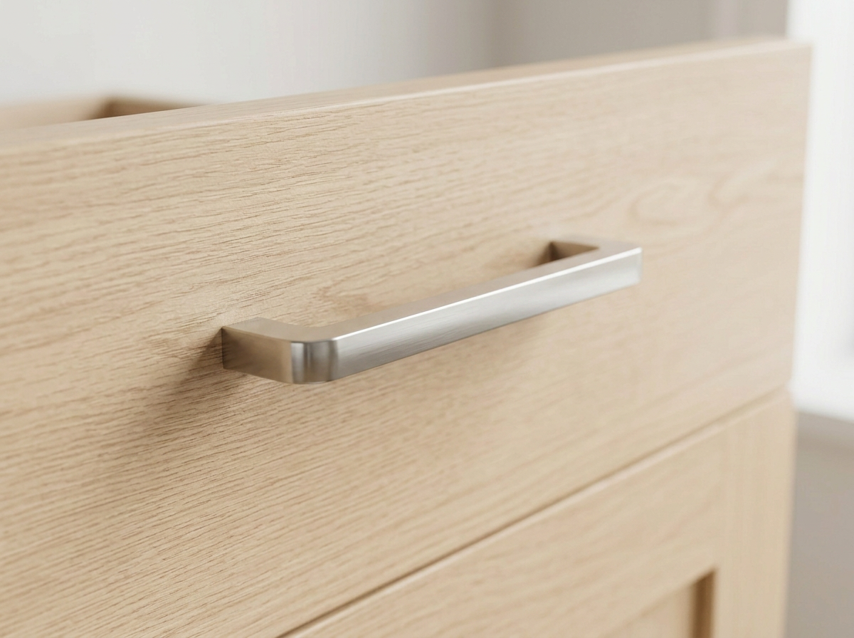 DH021BSN brushed nickel D bar handle fitted to a dusty blue drawer front