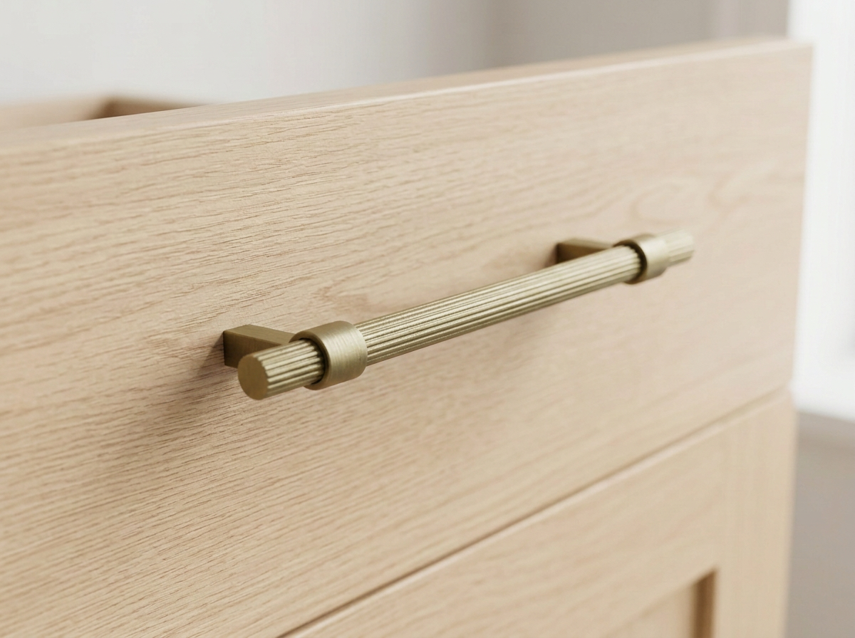 DH024BAB satin brass reeded bar handle fitted to a deep green drawer front