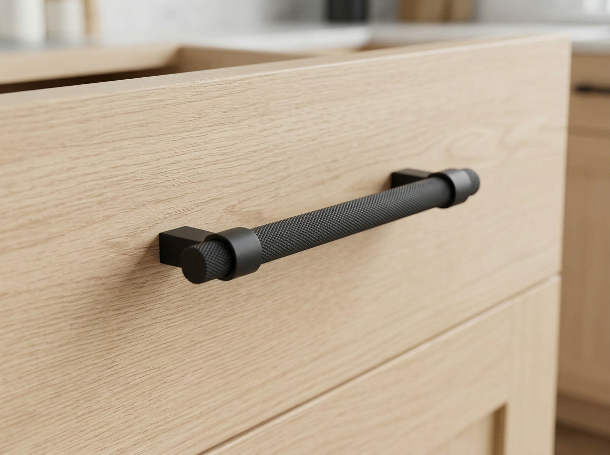 DH024BL matt black reeded bar handle fitted to a white slab drawer front