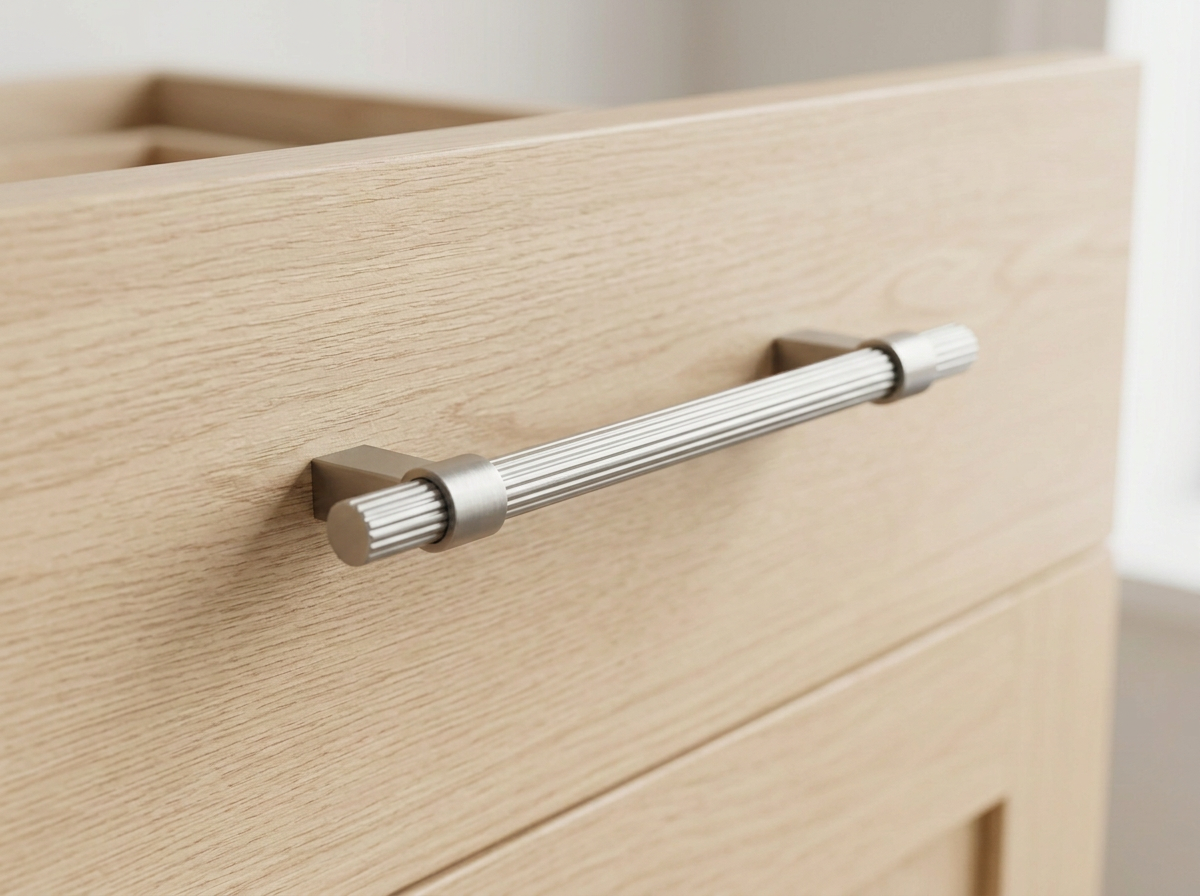 Brushed nickel bar handle fitted to a contemporary kitchen drawer front