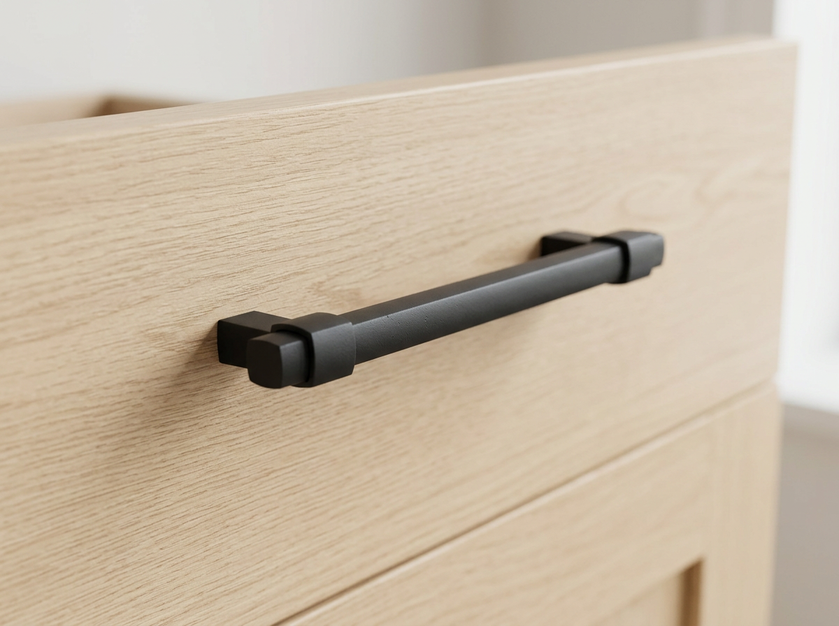 DH025BL matt black squared bar handle fitted to a pale oak drawer front