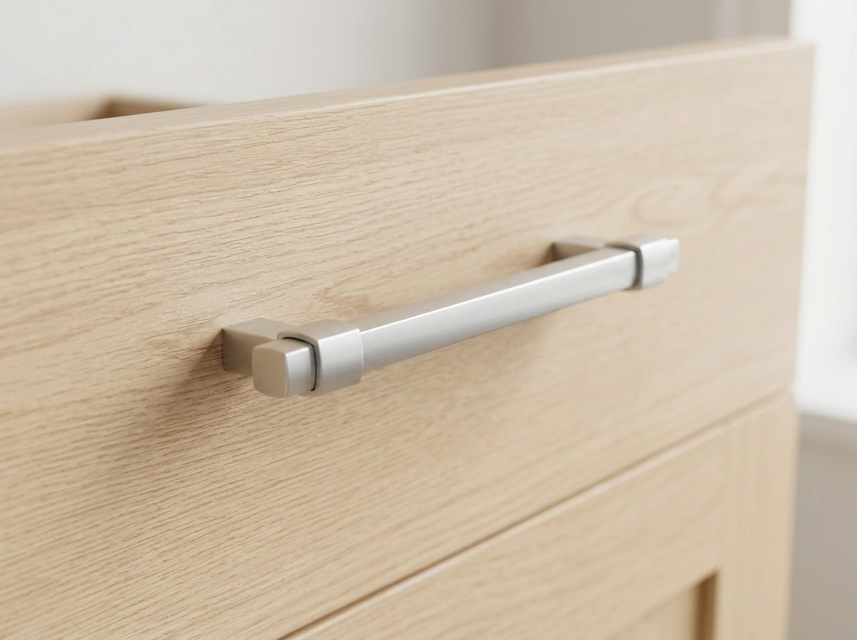 DH025CP matt chrome squared bar handle fitted to a light grey drawer front