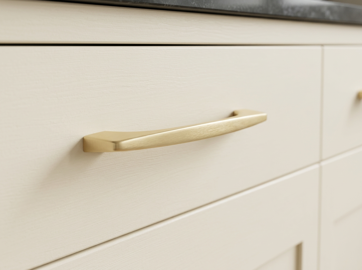 DH026BB satin brass bow pull fitted to a cream shaker drawer front