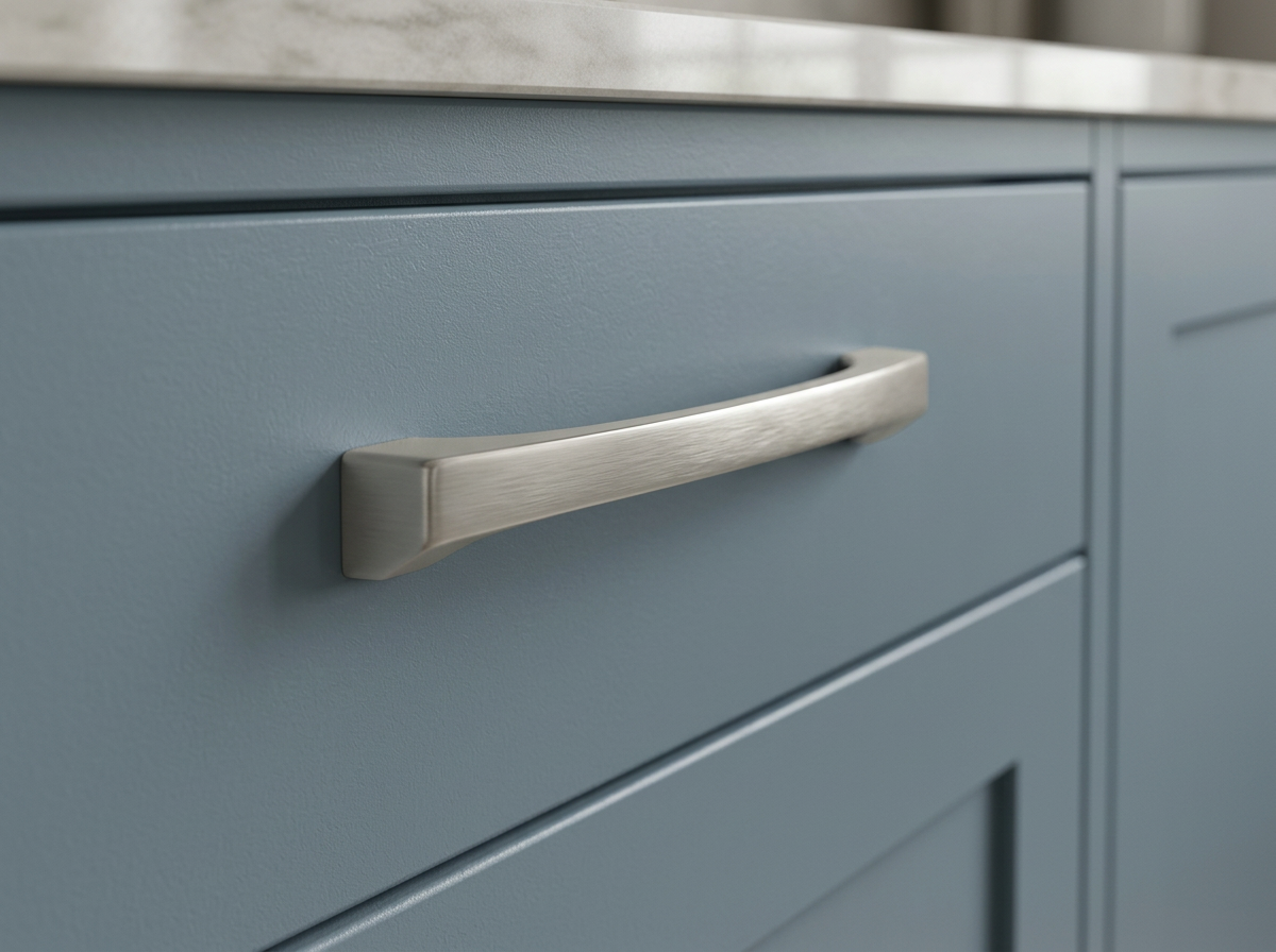DH026BSN brushed nickel bow pull fitted to a dusty blue shaker drawer front