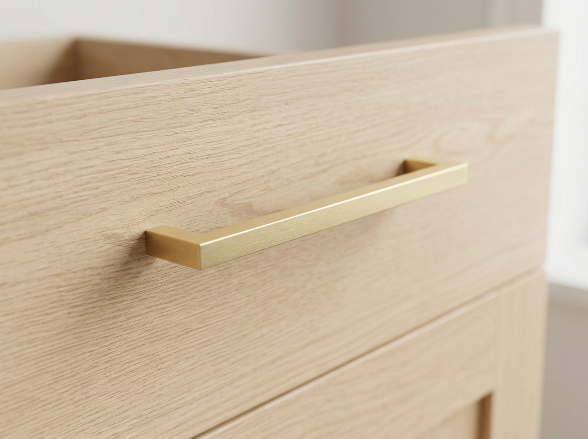 DH027BB satin brass square D bar fitted to a matt navy drawer front