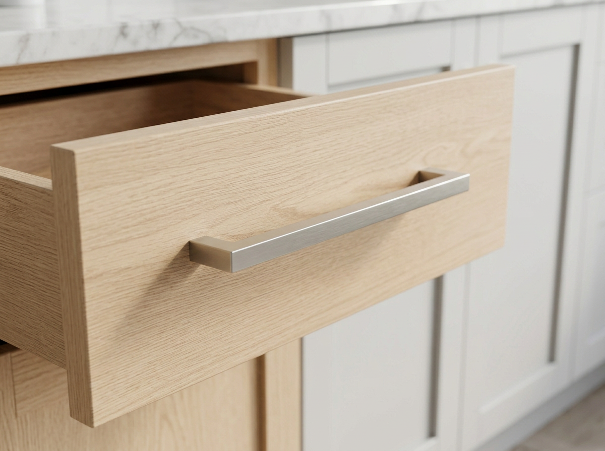 DH027BSN brushed nickel square D bar fitted to a graphite grey drawer front