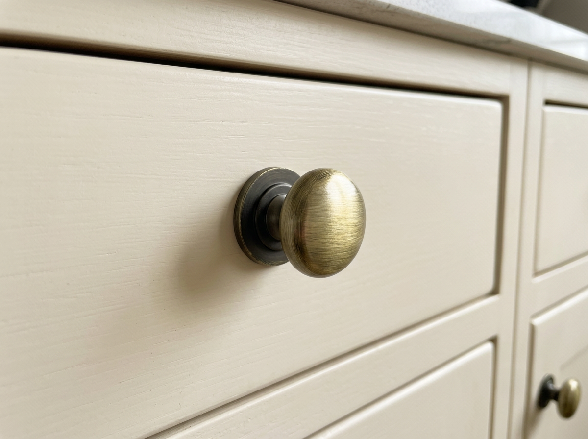 DK007 antique brass domed knob fitted to a cream drawer front