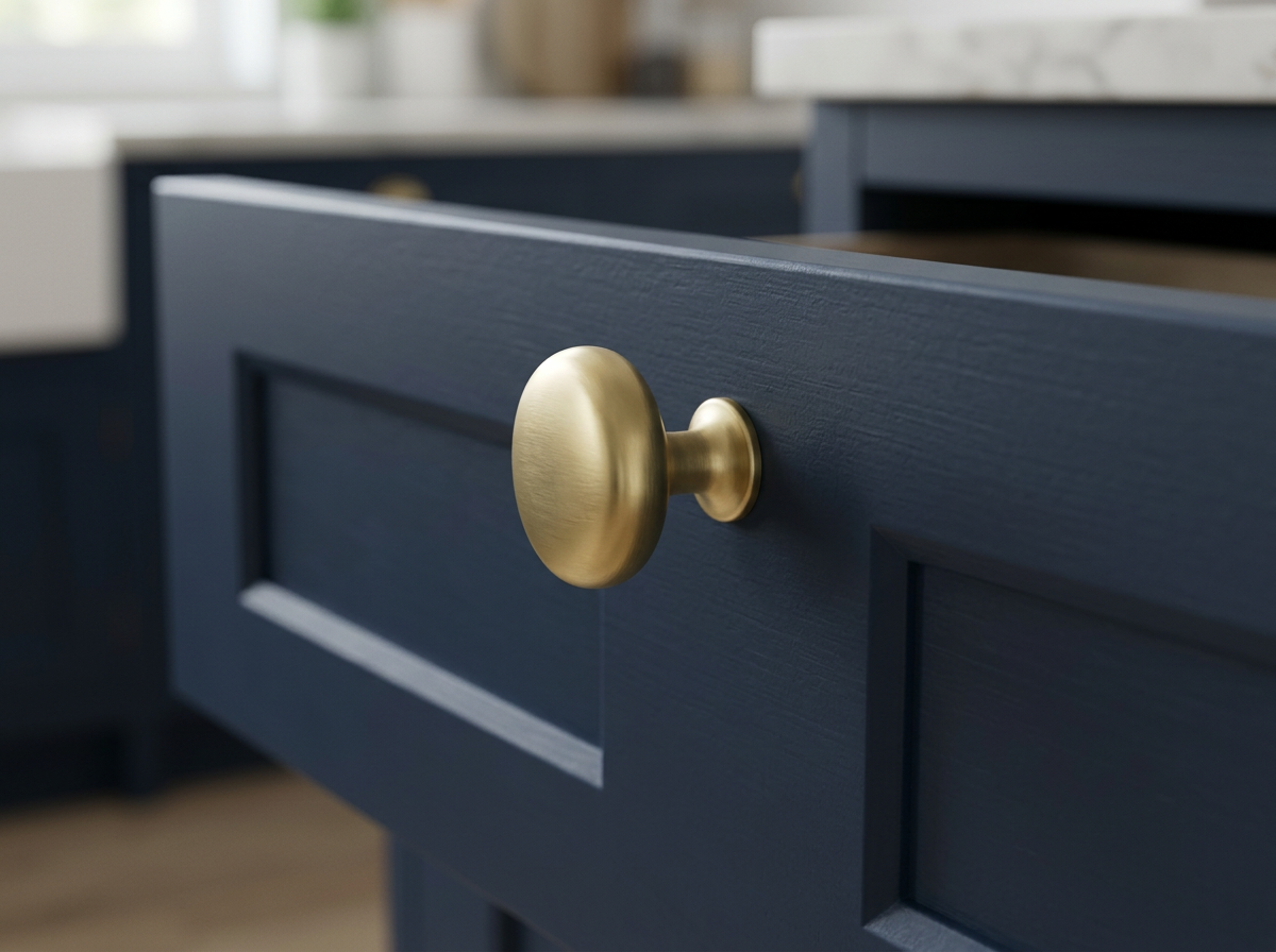 DK008 satin brass cabinet knob fitted to a navy shaker drawer front