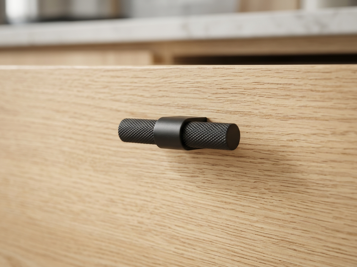 DK023BL matt black knurled T-knob fitted to a light oak drawer front
