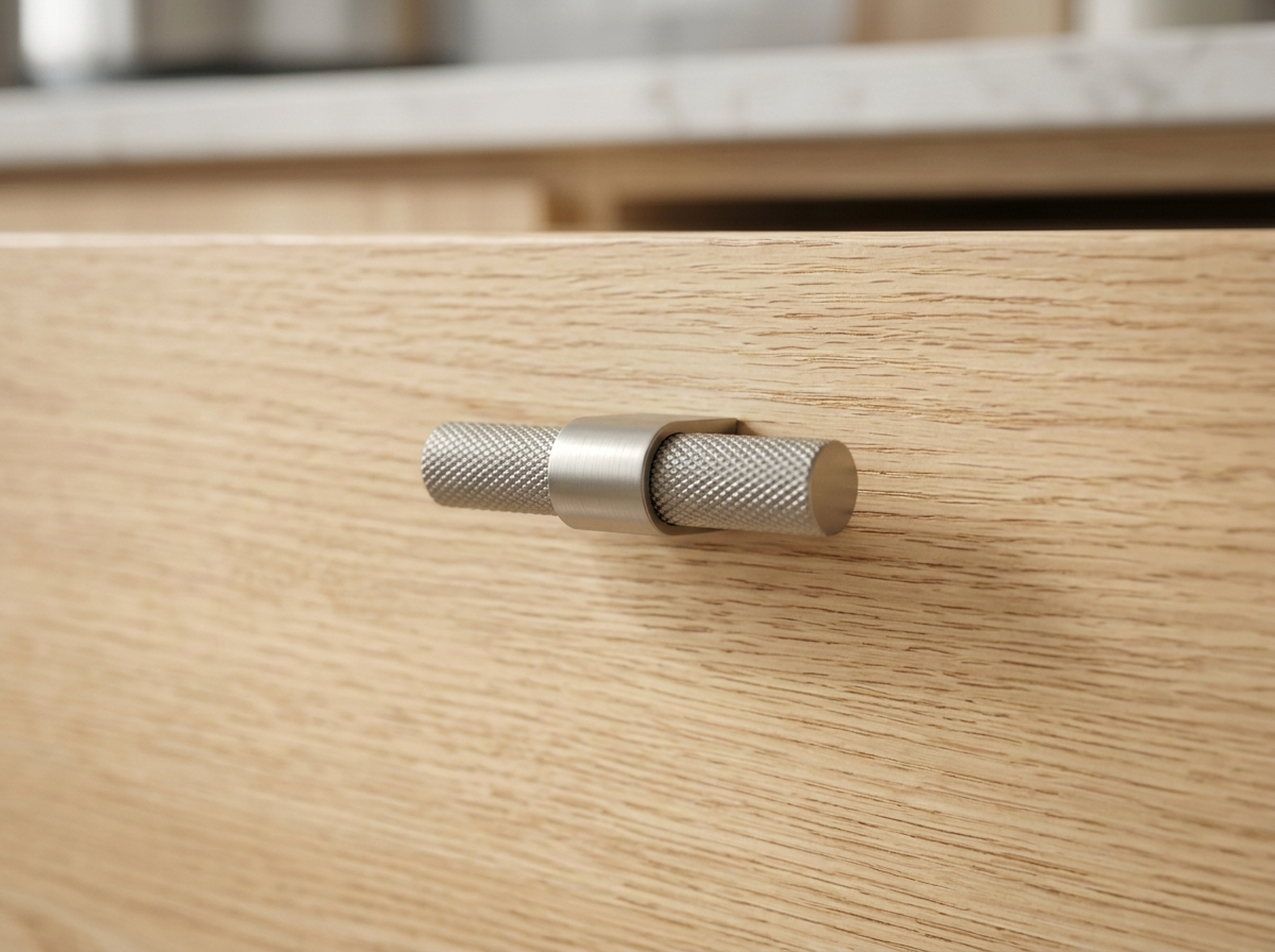 DK023BSN brushed nickel knurled T-knob fitted to a soft white drawer front
