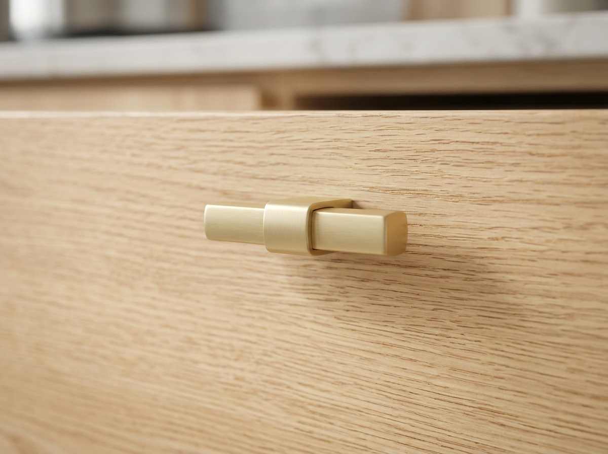 DK025BB satin brass square T-knob fitted to a navy slab drawer front