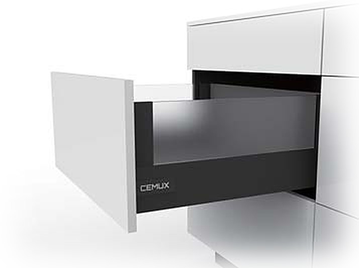 Cemux A box Contempo high drawer H199 with frosted glass side panel in a white kitchen unit