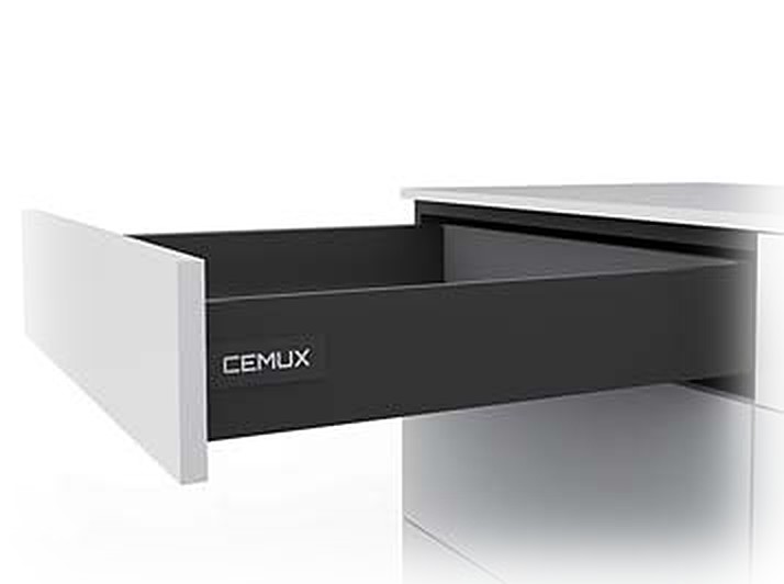 Cemux A box Contempo drawer H84 in anthracite grey, pulled open from a white handleless base unit