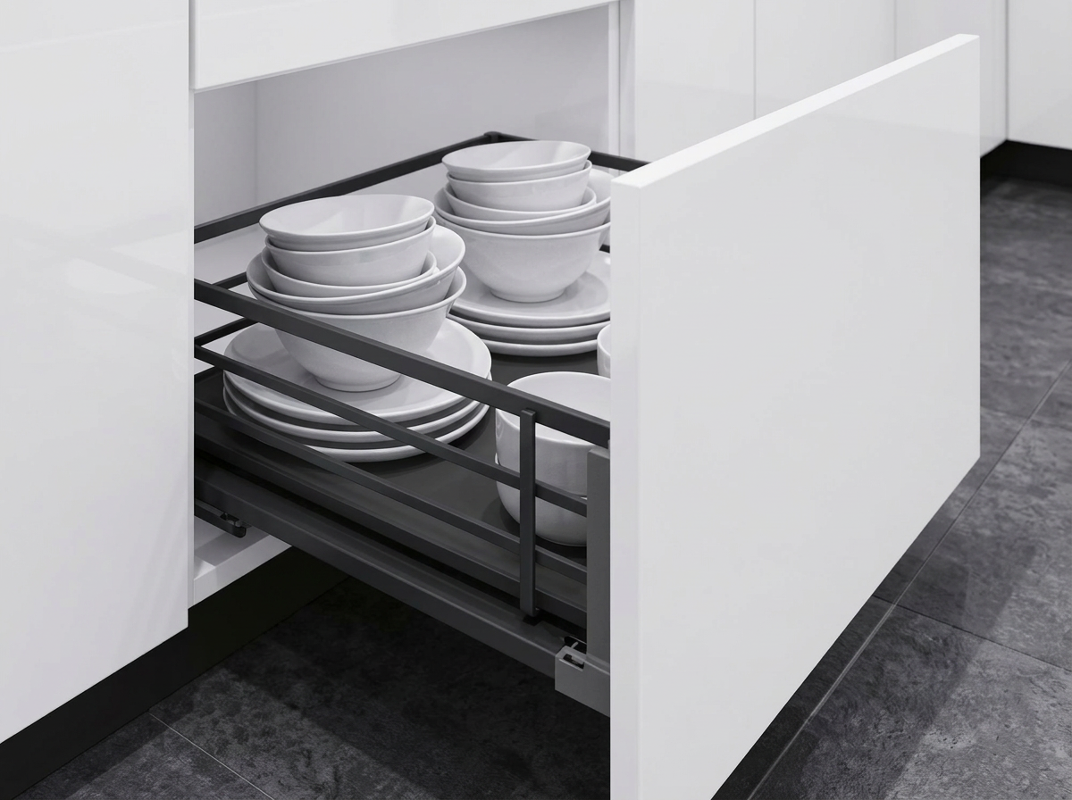Anthracite pull-out basket with plates in a white kitchen base unit