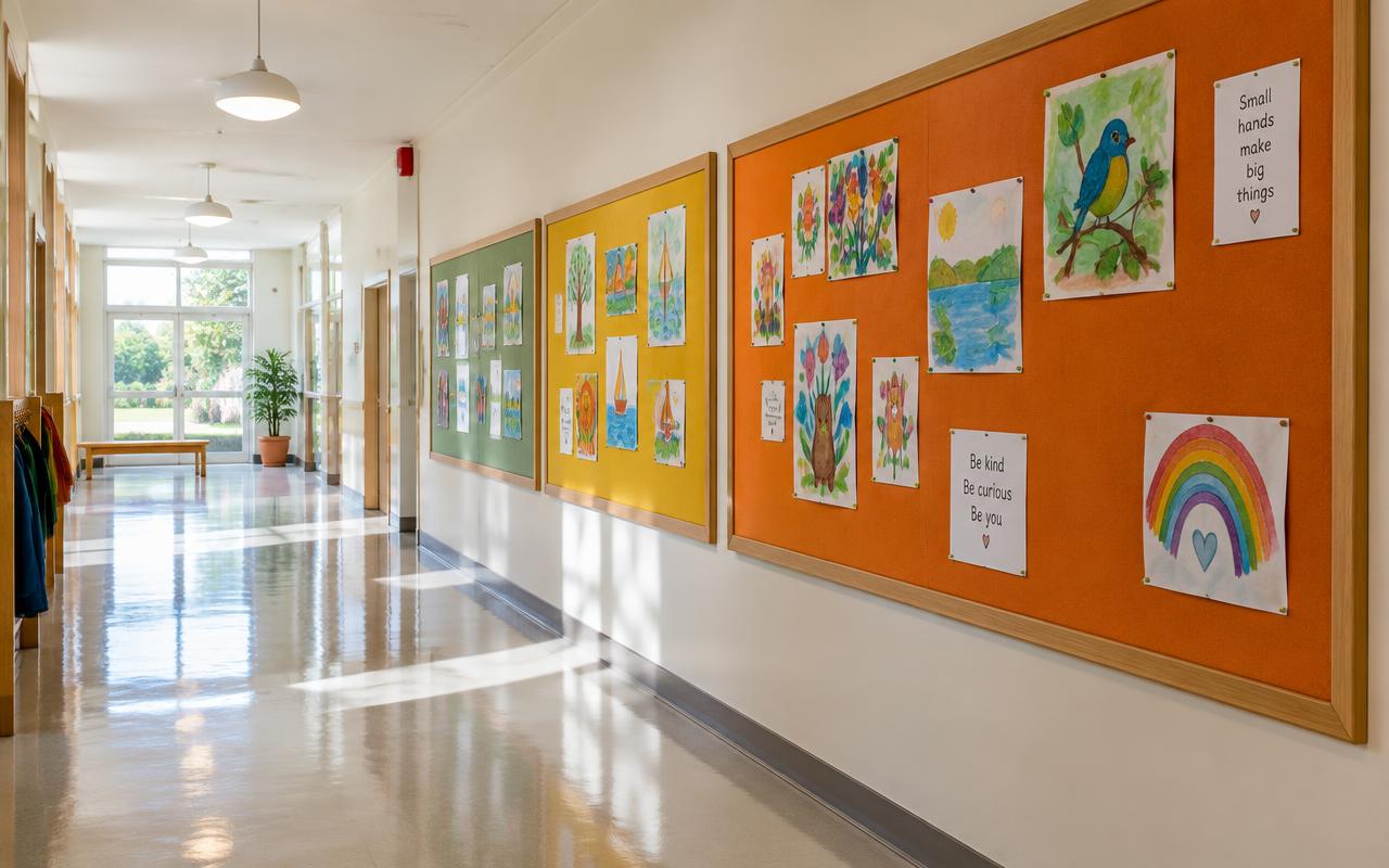 School corridor lined with framed orange, yellow and green Bulletin Board notice boards