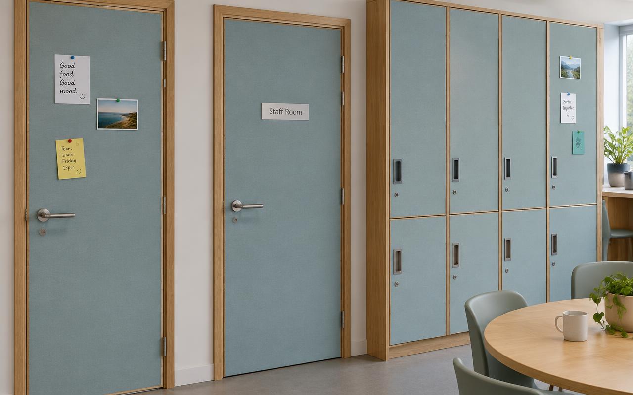 Staff room doors and lockers faced in Duck Egg Bulletin Board