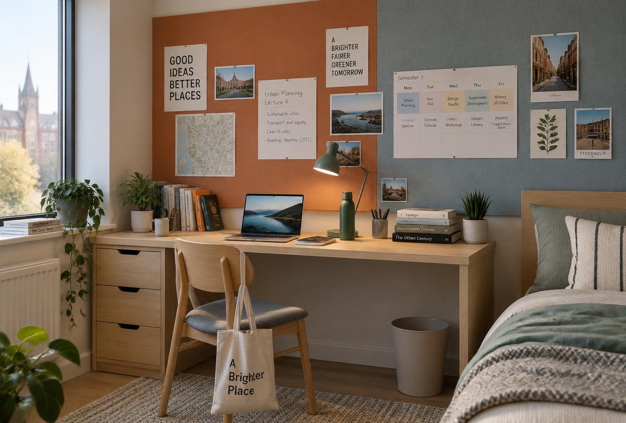 University dorm study wall clad in terracotta and Duck Egg Bulletin Board linoleum with pinned notes