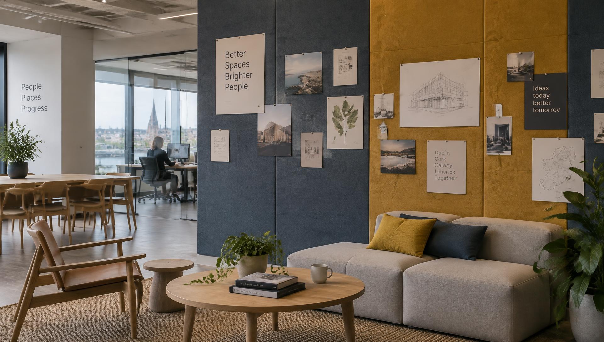 Office breakout space with a full-height Bulletin Board linoleum pin wall