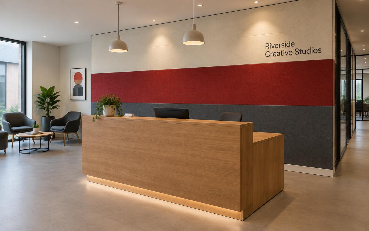 Reception feature wall in cream, red and grey bands of Bulletin Board