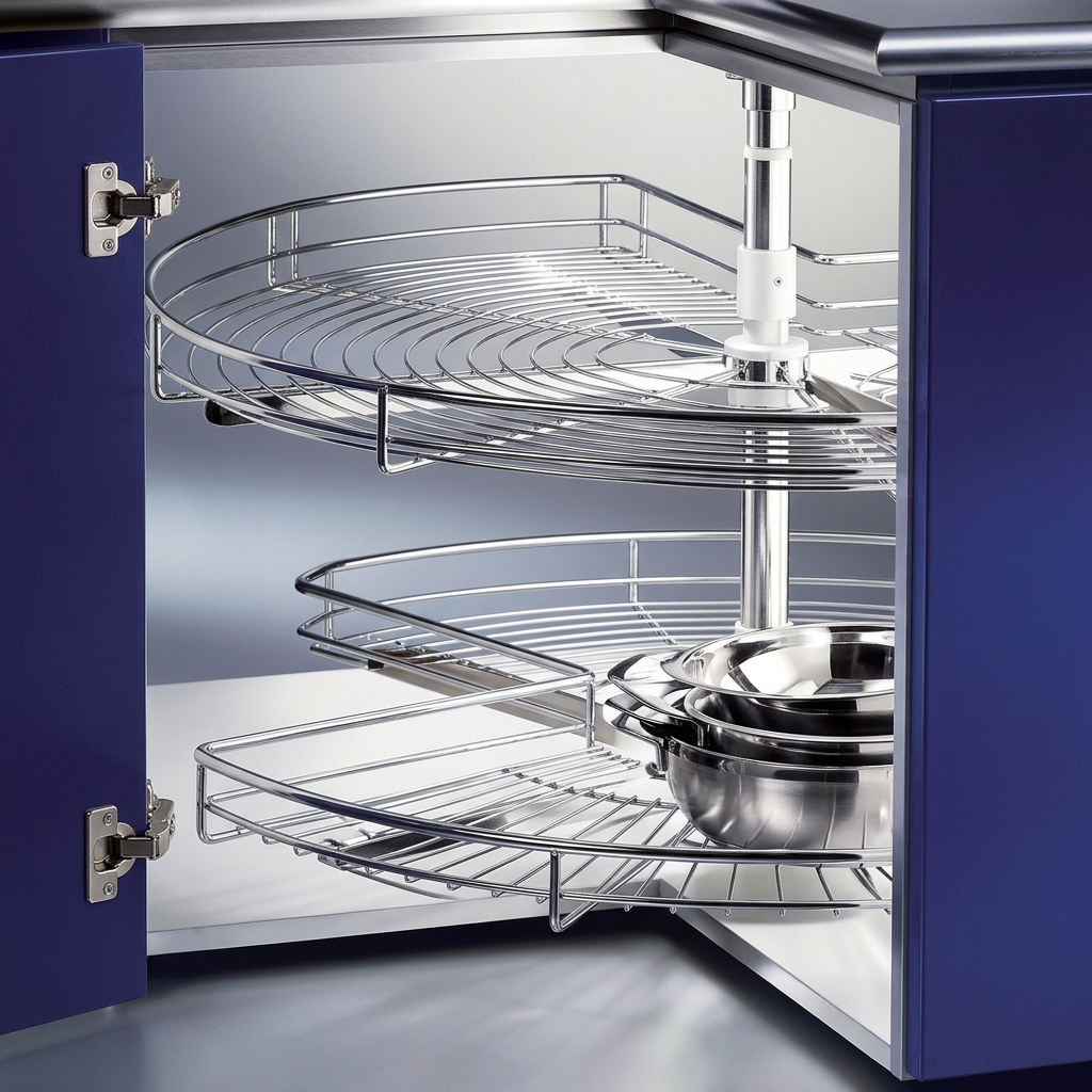 Chrome carousel corner shelves on an adjustable pole