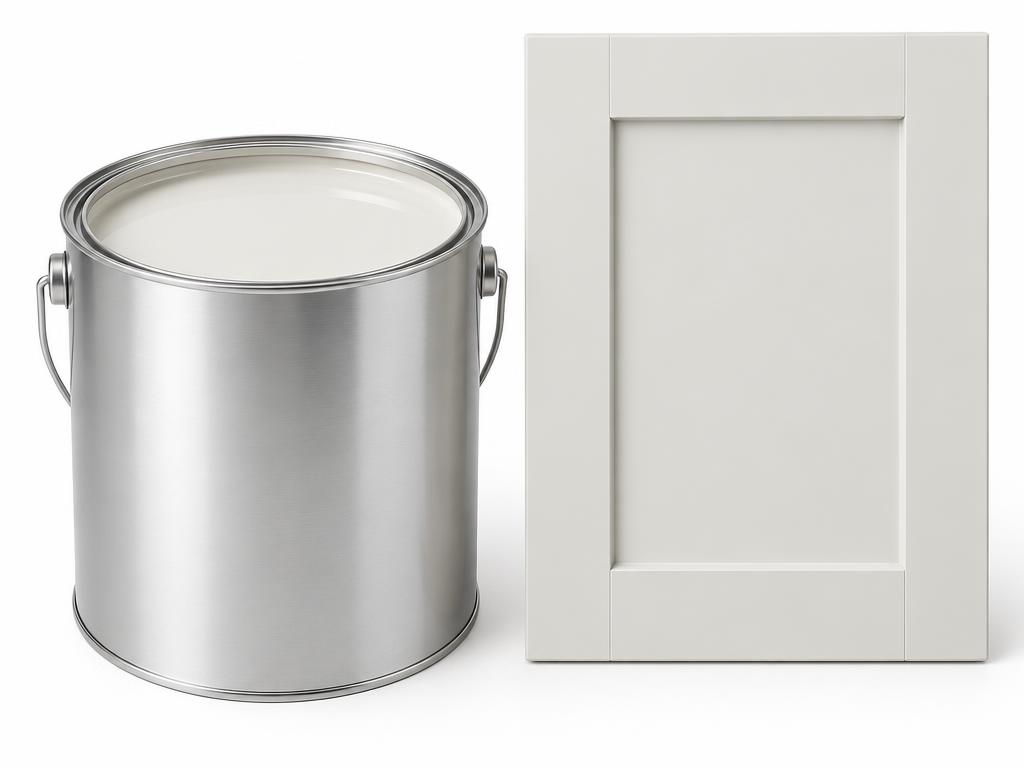 Open tin of stone white lacquer beside a sprayed shaker door