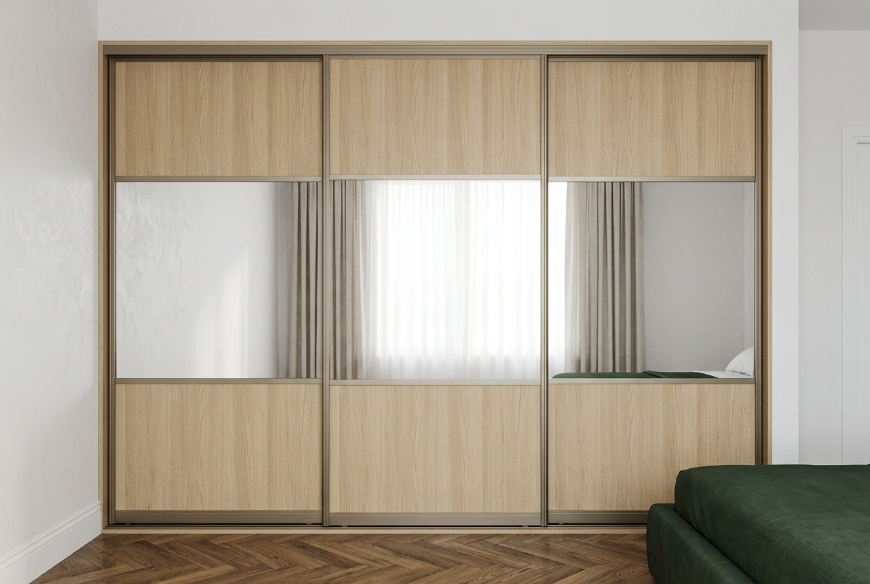 AI-generated bedroom concept: LHS Design B, three horizontal panels, offset proportions, Sonoma Oak / Silver Mirror / Sonoma Oak with Champagne aluminium frames