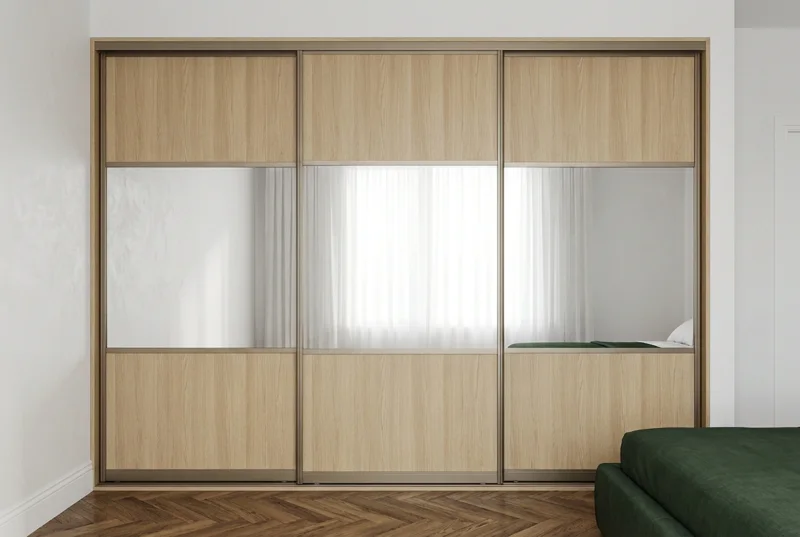 Design B — three-door wardrobe room concept, Champagne frame