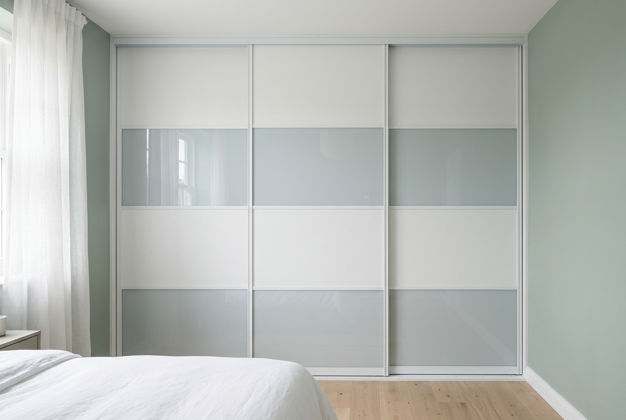 AI-generated bedroom concept: LHS Design E, four equal horizontal panels, White / Grey Classic 7035 / White / Grey Classic 7035 with White aluminium frames
