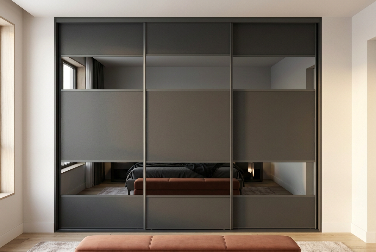 AI-generated bedroom concept: LHS Design F, five panels with a dominant centre, Graphite / Grey Mirror / Graphite / Grey Mirror / Graphite with Graphite aluminium frames