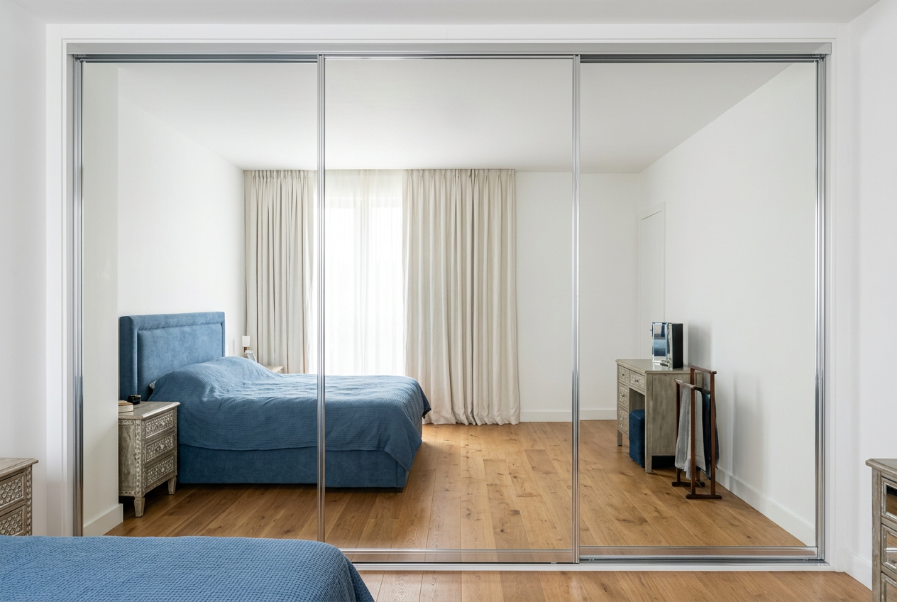 AI-generated bedroom concept: LHS Design G, single full-height panel, Silver Mirror with Polished Chrome aluminium frames
