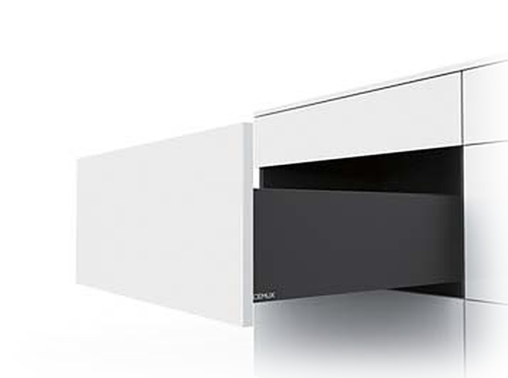 Cemux H box slim-wall pan drawer H167 in anthracite, full extension from a white base unit