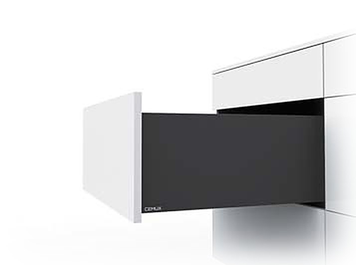 Cemux H box slim-wall high drawer H199 in anthracite, open from a white unit