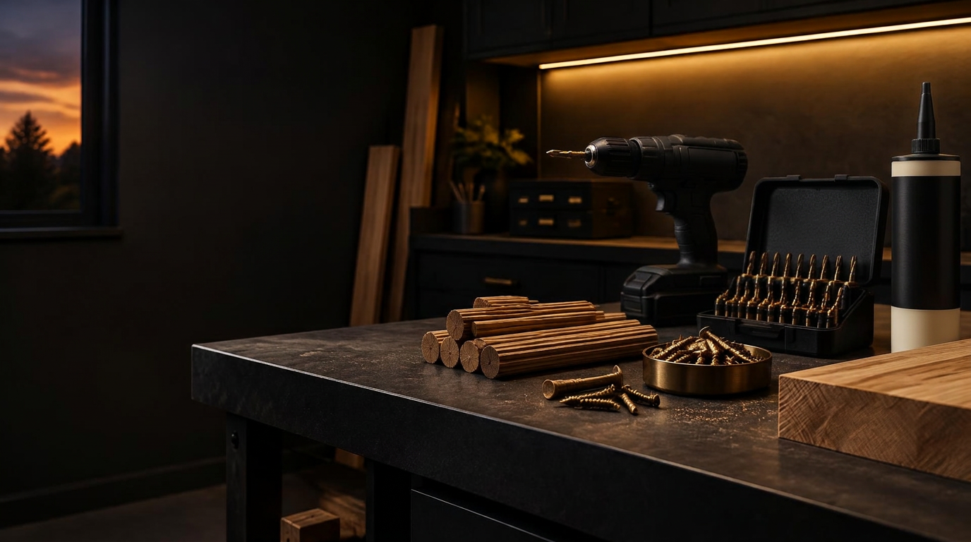 Dark joinery workbench with brass screws, timber dowels, drill bits and wood adhesive under warm lighting