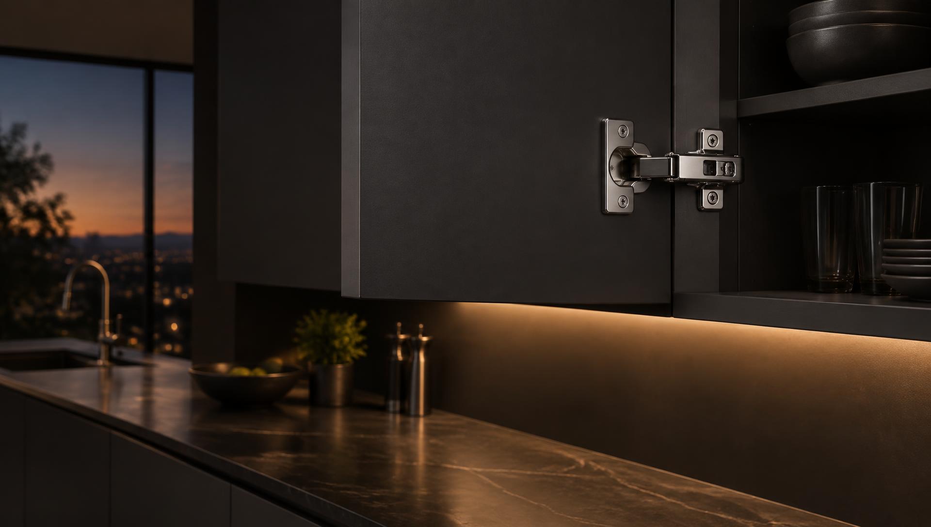 Matt charcoal kitchen wall cabinet with a polished concealed soft-close hinge, lit by warm under-cabinet LED light at dusk
