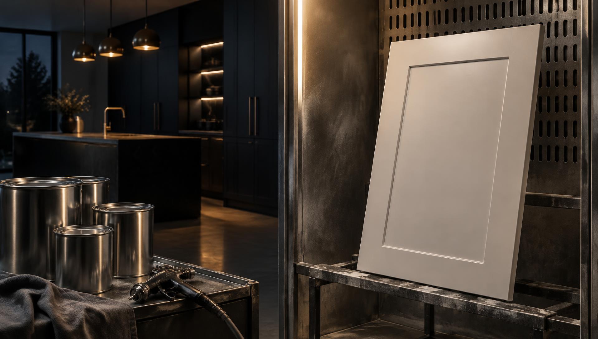 Stone white sprayed shaker door in a spray booth beside a dark luxury kitchen