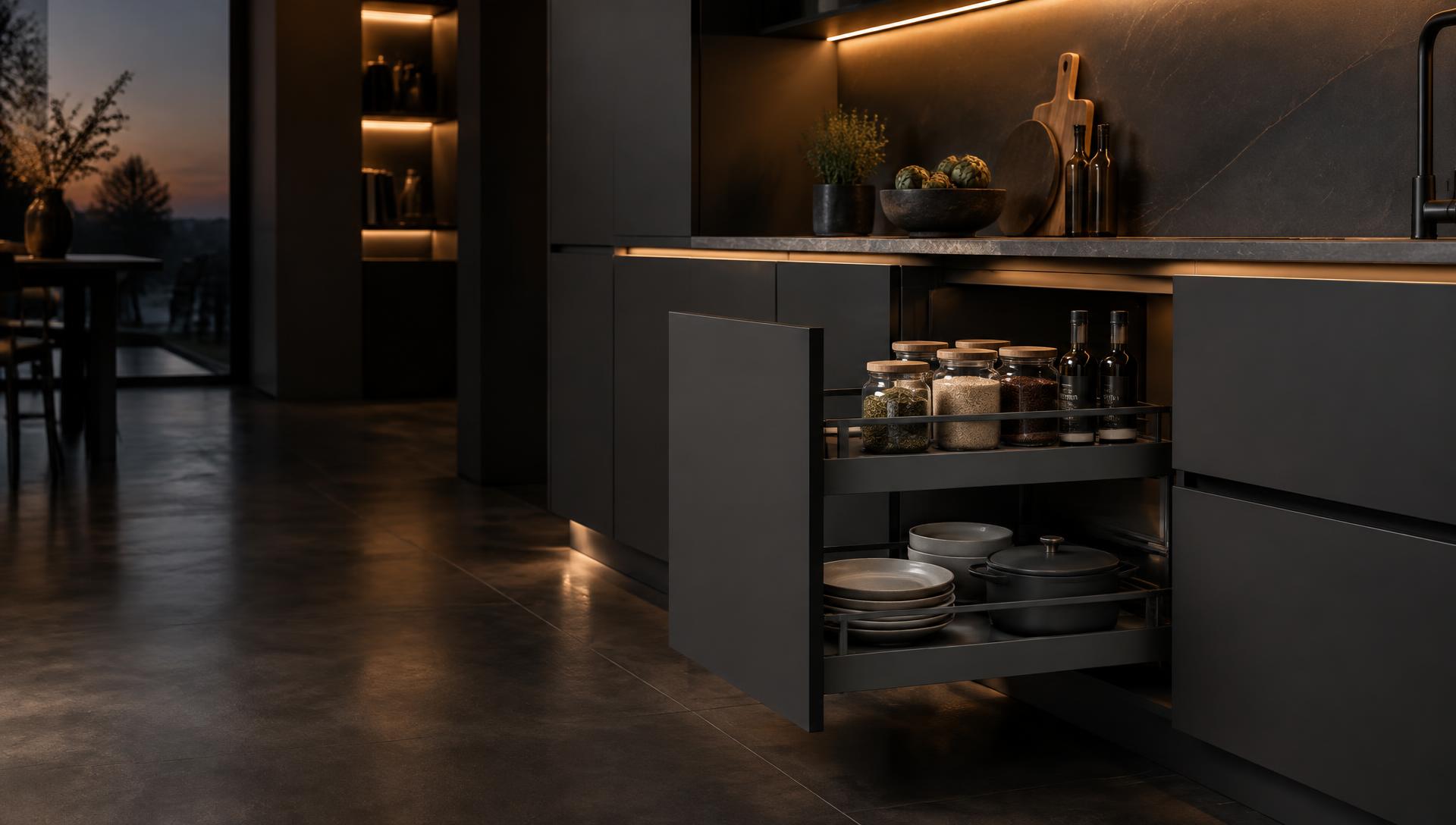 Dark luxury kitchen with an anthracite pull-out storage unit under warm lighting