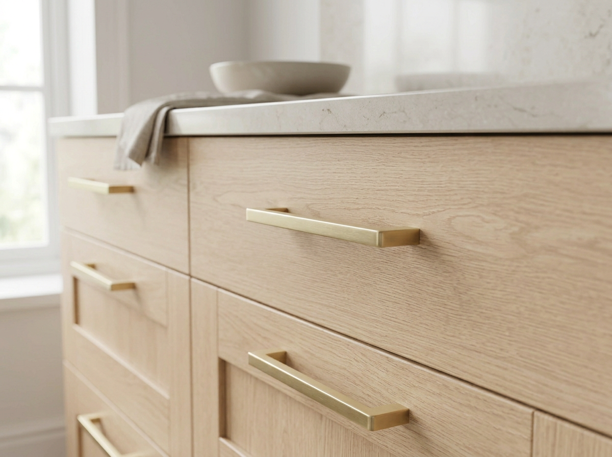 Satin Brass handle fitted on a kitchen drawer