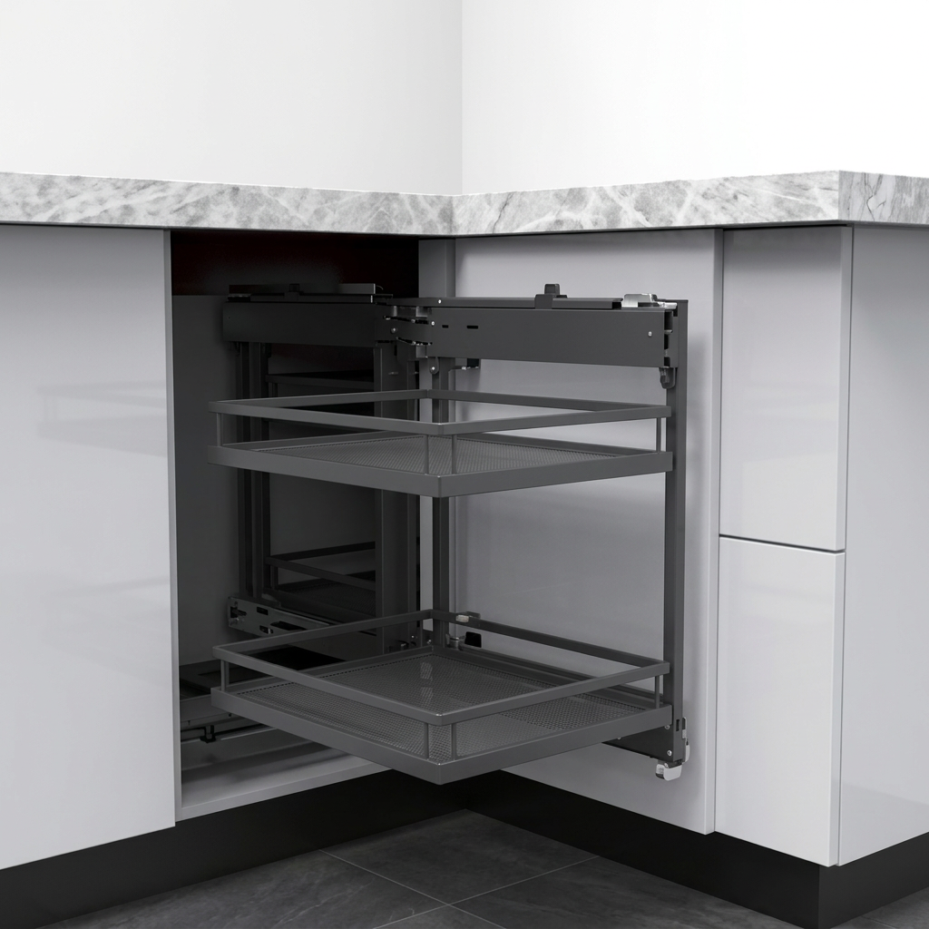 Anthracite pull-out corner optimiser with four storage baskets