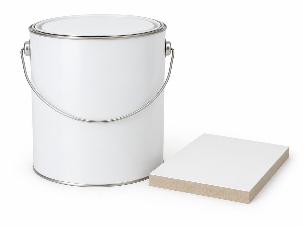 Unlabelled white paint tin beside a primed white MDF board