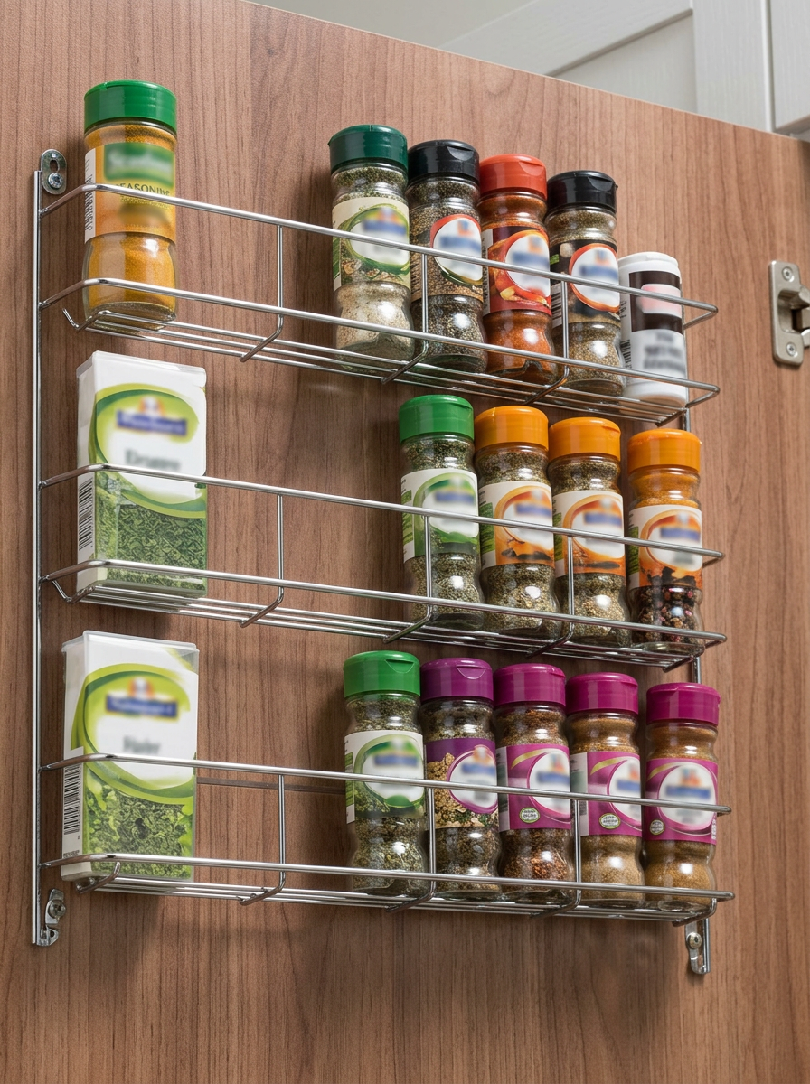 Three-tier chrome spice rack fixed to a timber cabinet door