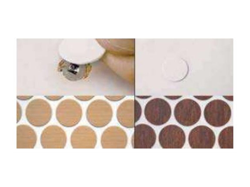 Self-adhesive screw cover caps in wood and white finishes