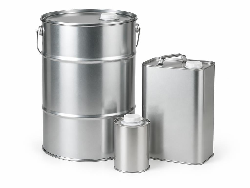 Small hardener tin with larger solvent cans
