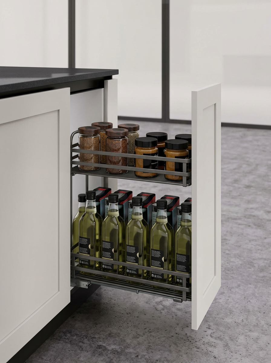 Two-tier anthracite pull-out basket holding bottles and jars